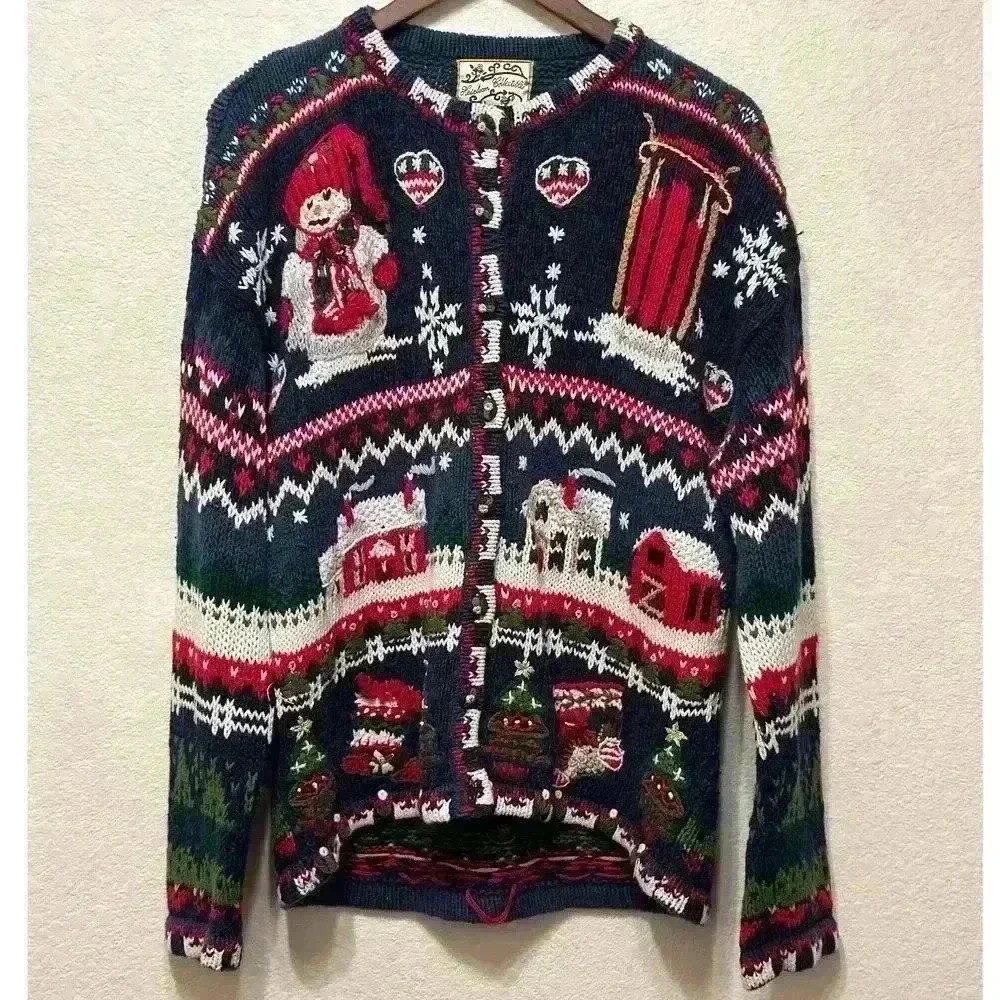 VTG Heirloom Collectible Womens L Christmas Sweater Santa Knit Button Up Ugly